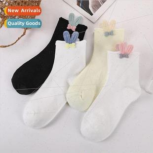 socks cute ear mid rabbit and bow solid Autumn calf sweet