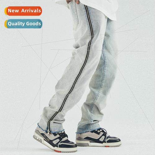 American set straight high set raw edge side zipper jeans me