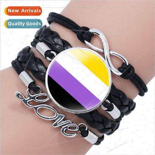 Rainbow Flag Pattern Time Gemstone Black Multi Layers Bracel