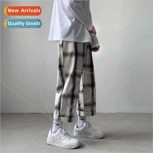 Autumn plaid wide-legged straight pants men loose Korean nd