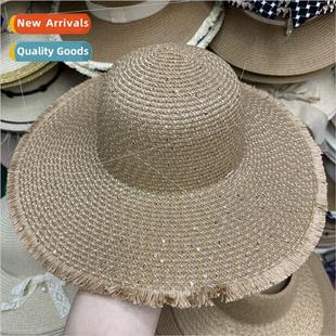 tassel sequins side large sun fur brim hat Summer straw
