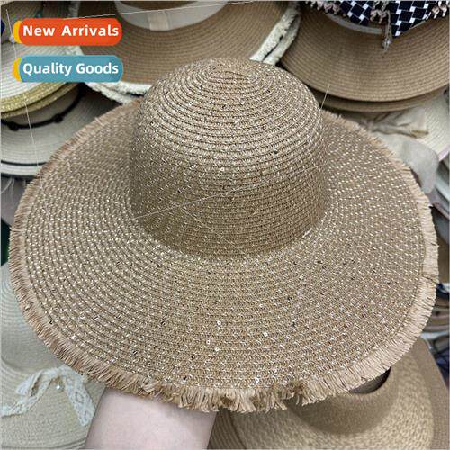 Summer large brim tassel sequins straw hat fur side sun hat