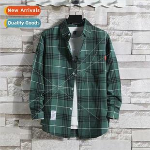 mens long plaid student loose shirt Korean Summer sleeved