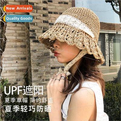 Straw hat female summer fashion knitted hat Hepburn  lace su