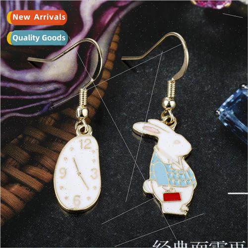 New Japanese jewelry Alice rabbit clock asymmetric earrings