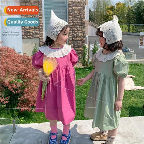Korean girls dress 2022 summer new little girl lace ruffled