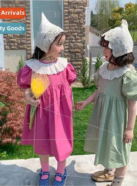 Korean girls dress 2022 summer new little girl lace ruffled