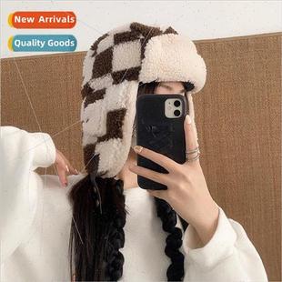 checkerboard the Lei Feng female Korean cap