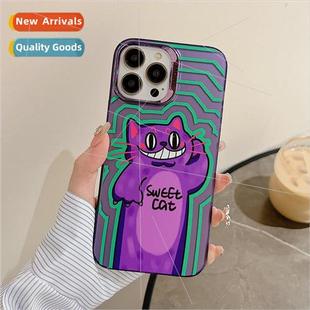 适用 13ProMax green case iPhone cat purple line ins Niche