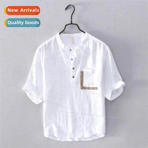Japanese stand-up collar linen short-sleeved shirt mens summ
