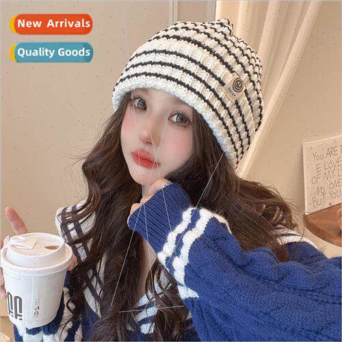 Hat womens fall and winter black and white stripes with wool