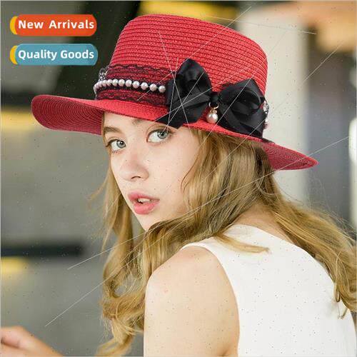 Solid color pearl accessories straw hat womens summer bowler