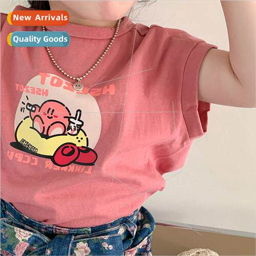 2023 Summer Girls Korean Printed T-shirt Knitted Cartoon Sma