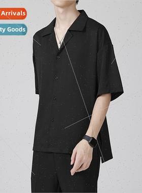 Black short-sleeved shirt men gangster handsome black inch s