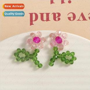 pink green flowers Rustic beaded symmetry crystal earri Mori