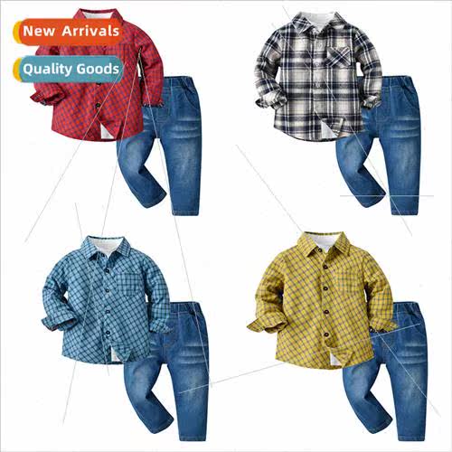Fall boys new plaid long-sleeved cotton shirt half-high neck