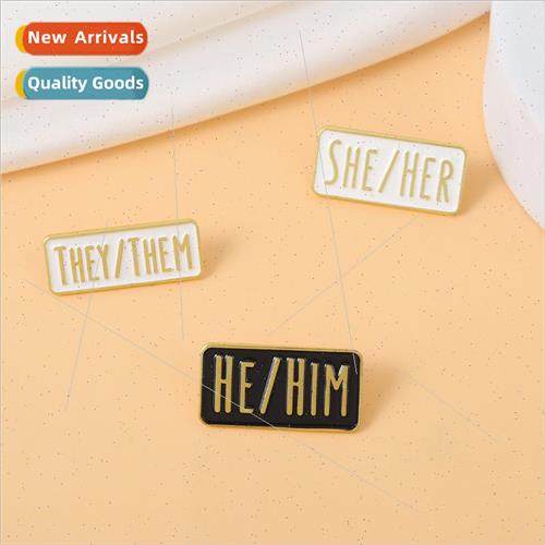 Alphabet brooch she/her geometric pin metal badge black and