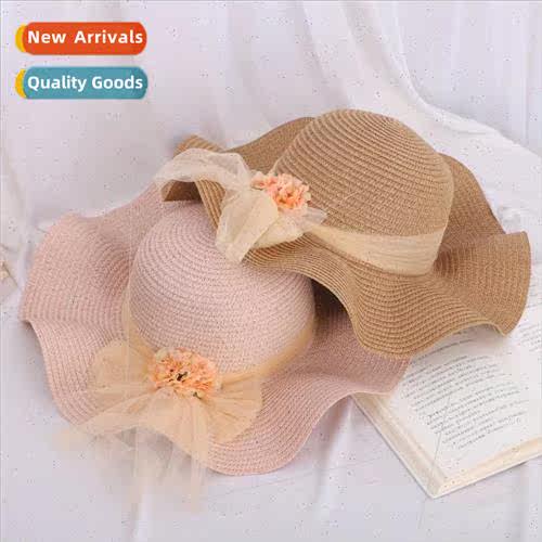Summer ladies small fresh big brim wave single color satin f