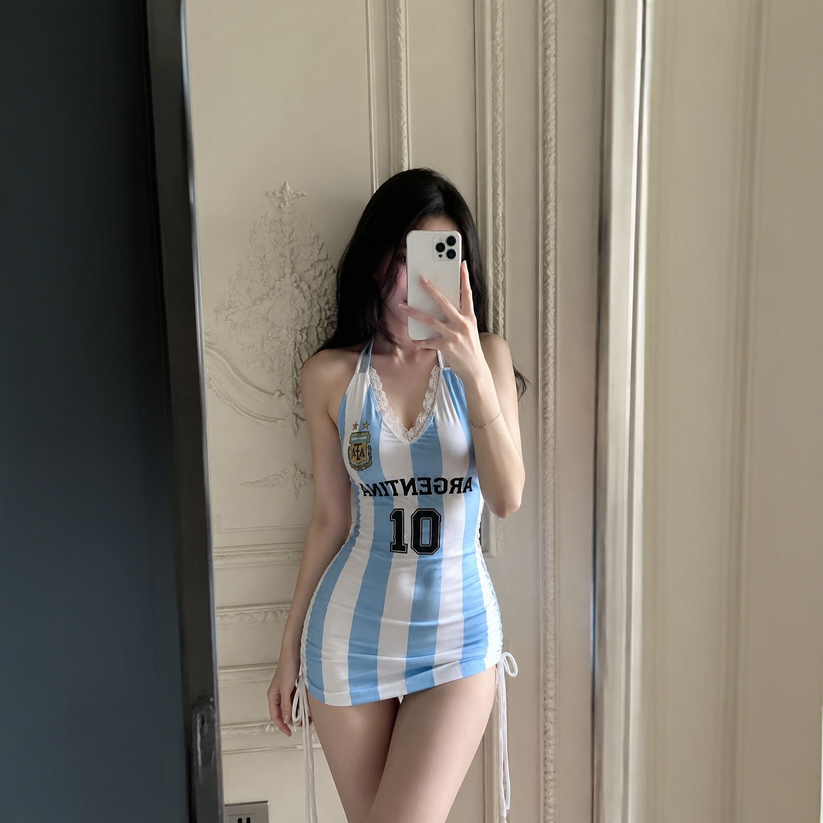 蓝白条纹世界杯性感足球服阿根廷球衣吊带啦啦队足球宝贝制服qqny