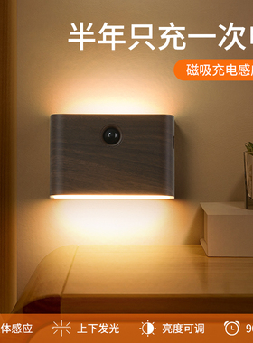 新款磁吸免钉USB充电感应灯胡桃木纹氛围灯人来即亮LED壁灯小夜灯