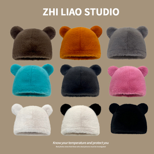 日系甜美减龄小熊耳朵毛绒帽子女2023秋冬新款 水貂毛百搭护耳冷帽