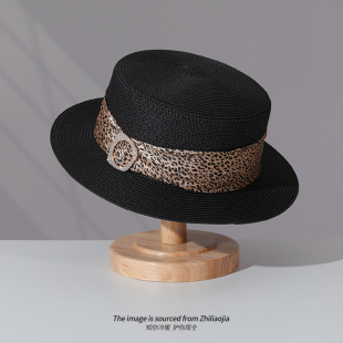百搭时尚 出游遮阳防晒帽日系草帽太阳帽子女 平顶豹纹织带礼帽夏季