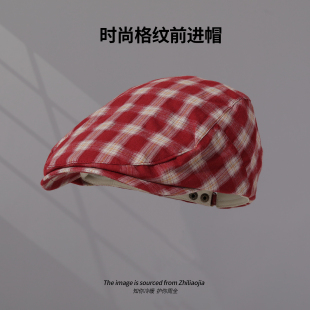 格子棉麻前进帽男女时尚 英伦经典 百搭显脸小鸭舌帽潮 新款 2025夏季