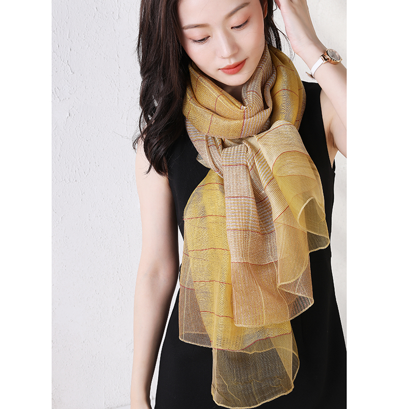 新款真丝混纺格子长款妈妈丝巾