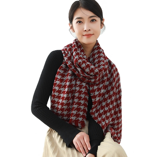 千鸟格纯羊毛围巾女酒红色新款秋冬季经典格子100羊绒围脖高级感