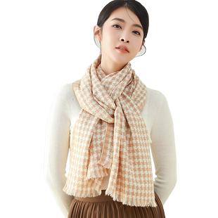 千鸟格纯羊毛围巾2026新款秋冬季百搭杏白格子100羊绒高级感女款