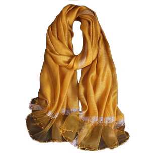 真丝羊毛混纺长款丝巾精致手工钉珠纯色围巾春秋冬季姜黄色女披肩