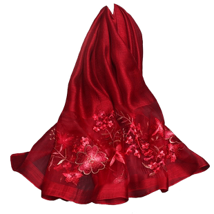 红色喜妈妈披风婚礼婚宴装真丝丝巾女士旗袍披肩长款绣花外披围巾