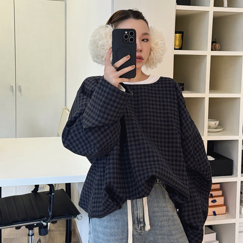 韩系泡泡袖娃娃款蓝色格子衬衫女TheRaa洋气减龄休闲宽松上衣