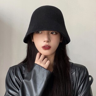 帽子女韩版百搭秋冬日系渔夫帽黑色显脸小水桶帽毛呢针织遮脸盆帽