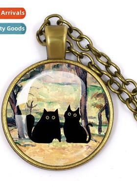 Lively Cute Van Gogh Art Cat Silhouette Mo Round Glass Neckl