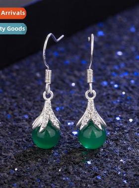 n silver-plated green agate chalcedy ear hooks ethnic style