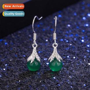 green agate ethnic silver style hooks plated ear chalcedy