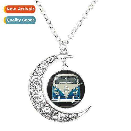 Peace Sign Vintage Mini Car Mo Necklace Glass Pendant Blue P