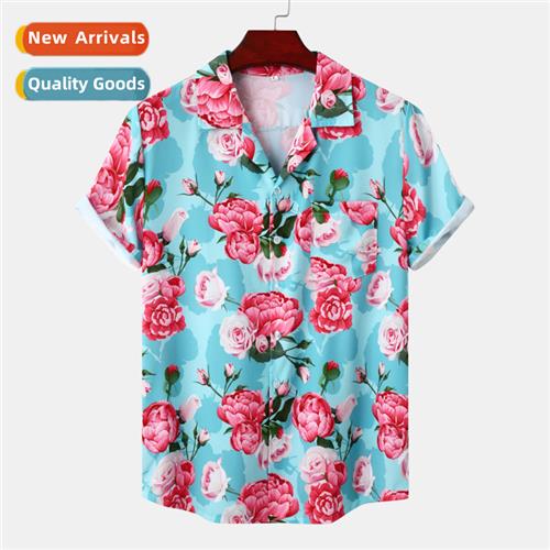 Hawaii Beach Cuban Neck Ice Silk Draped Digal Printed Youth