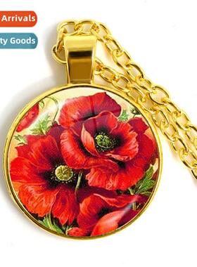 Fashi Poppy Pattern Gold Necklace Glass Round Pendant Neckla