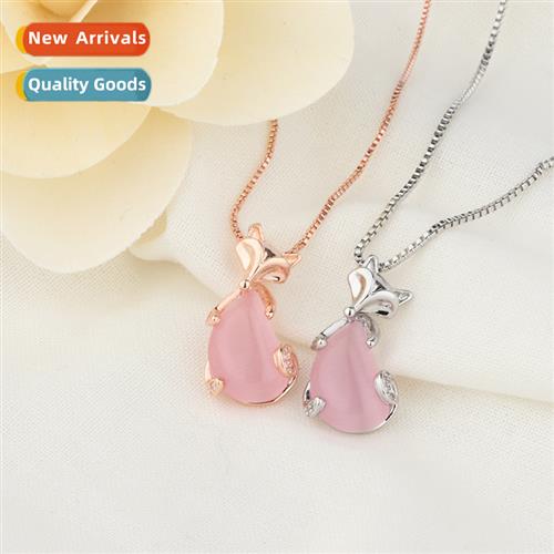 n pink crystal fox pendant rose gold collarbe chain simple f