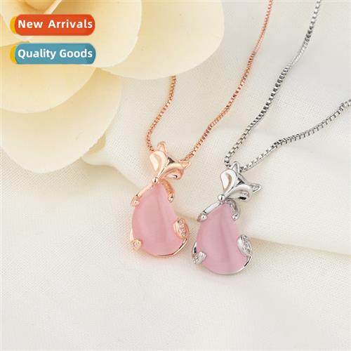 n pink crystal fox pendant rose gold collarbe chain simple f