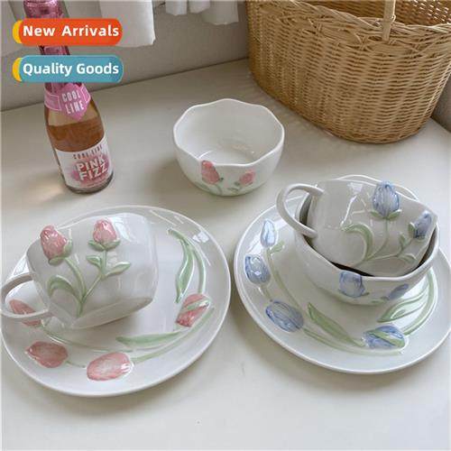 Ins cream color relief three-dimensial tulip retro French ce