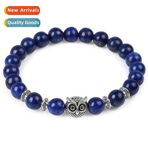 Owl Charm Beaded Bracelet Lapis Lazuli Agate Volcanic Ste Bl