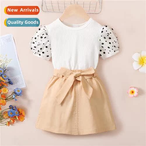 Girls spring  autumn  2023 new n polka dot short-sleeved sol
