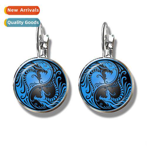 Yin Yang Silver Earrings Blue Drag Yin Yang Tai Chi Glass Do