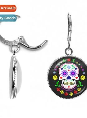 Fashi Hippy Skull Earrings Sugar Skull Folk Art Pattern Glas