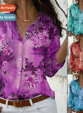 2023 New Womens Floral Printed Shirt Ladies Lg Sleeve V-Neck