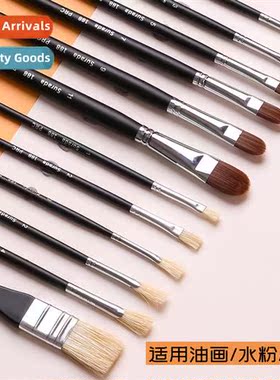 12 Hog Bristle Oil Painting Brushes Black Rod Beginner 6 Nyl