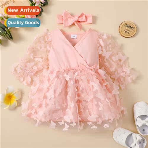 Girls Spring  Autumn 2023 new n solid color butterfly mesh p